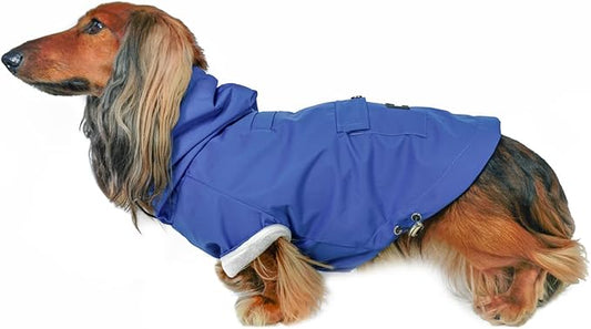 DJANGO Highland Dog Jacket & Raincoat – Water-Repellent, Lined Dog Coat with Hood, Adjustable Fit & Harness Hole – Lightweight Rain & Wind Jacket for Small & Medium Dogs up to 30 lbs (Blue, Large)