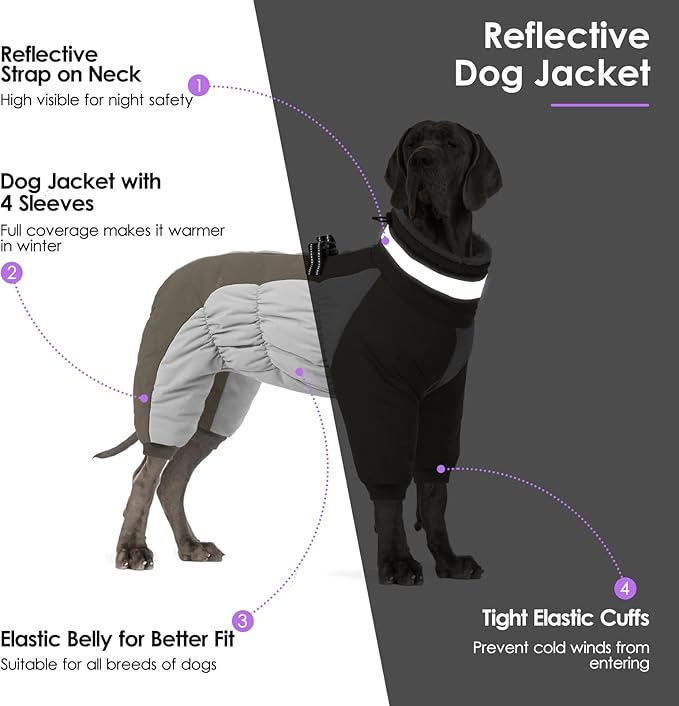 SUNFURA Full Body Dog Coat - Warm Fleece Jacket for Large Dogs, Turtleneck Winter Coats with Harness, Reflective Dog Snowsuit Windproof Puffer Jackets with Legs for French Bulldog, Army Green L