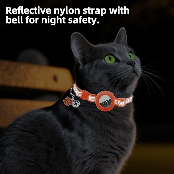 PUPTECK Airtag Cat Collar Breakaway 2 Pack with Bells, Reflective Kitten Collar with Air Tag Holder for Boy Girl Kitty and Puppies, Soft, Orange & Purple