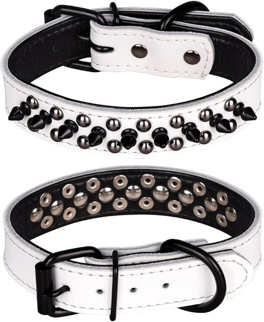 Adjustable Genuine Leather Spiked Studded Dog Collars for Small Medium Large Pets Like Pit Bull Bulldog Pugs Husky (M, White1)