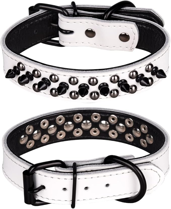 Adjustable Genuine Leather Spiked Studded Dog Collars for Small Medium Large Pets Like Pit Bull Bulldog Pugs Husky (L, White1)