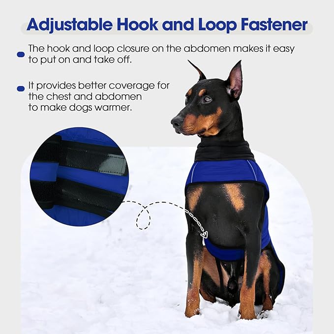 IDOMIK Dog Winter Coat, Warm Waterproof Dog Puffer Jacket with Harness Hole, Adjustable Reflective Snow Jacket Vest with Turtleneck, Pet Cold Weather Coats for Large Dogs,Blue,L
