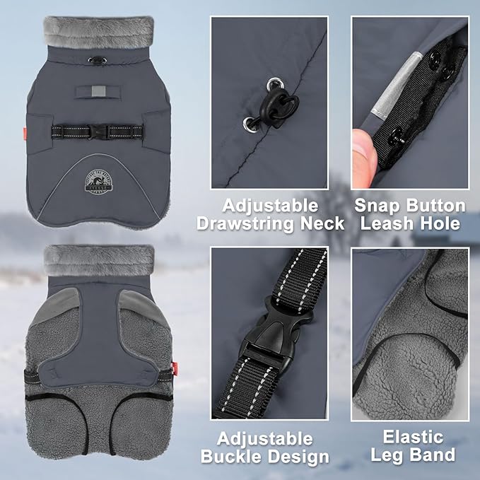 KYEESE Waterproof Dog Coat, Windproof Pet Jacket with Thick Fleece Lining, Extra Warm High Collar Dog Coats for Medium to Large Dogs with Leash Hole and Reflective Strips, Gray, XX-Large