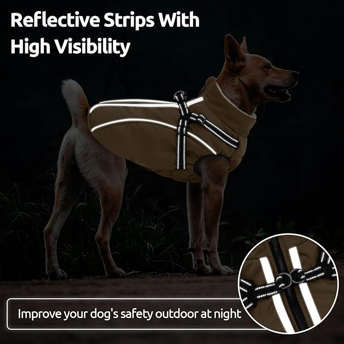 Dog Winter Coat with Harness Built in Warm Puffer Dog Jackets for Small Medium Large Dogs Windproof Waterproof Outfit with Plush Lining and Reflective Stripes (Brown, 3XL)