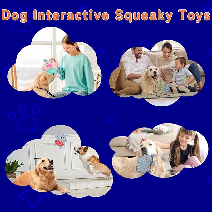 Crinkle Dog Toys Squeaky Plush No Stuffing Cute Puppy Stuffless Tough Rop Pull Toy, Fun Dog Stuffed Animals Durable Chew Set for Small Medium Large Pup (Large, Pink Pig+Green Frog+Blue Dog)