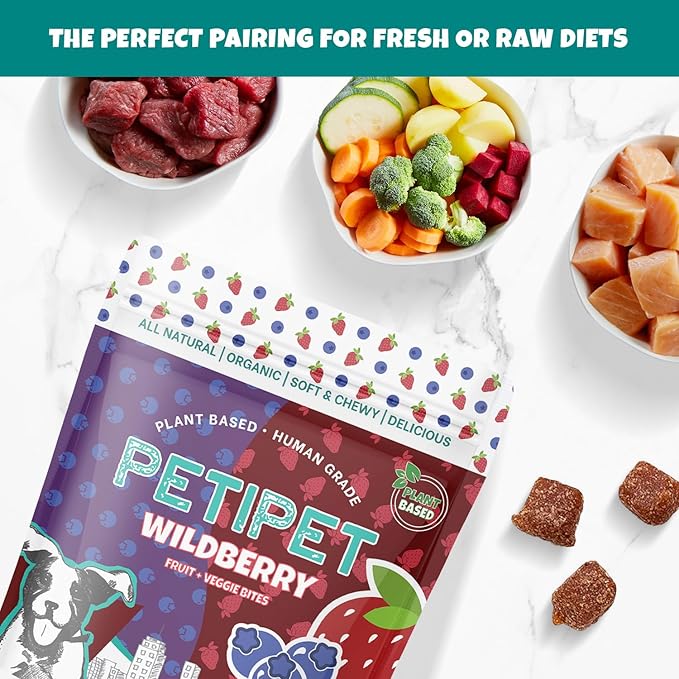 PETIPET Wildberry Plant-Based Fruit Dog Treats - Strawberry, Apple, Blueberry Soft & Chewy - Vegetarian, Vegan Dog Treats with Organic Ingredients - Low-Protein, Hypoallergenic, Gluten-Free