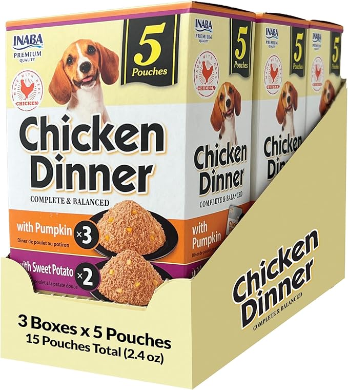 INABA Chicken Dinner for Dogs, Soft Pate Wet Dog Food, Complete & Balanced, 2.4 oz. Pouch, 15 Pouches, Pumpkin & Sweet Potato Variety
