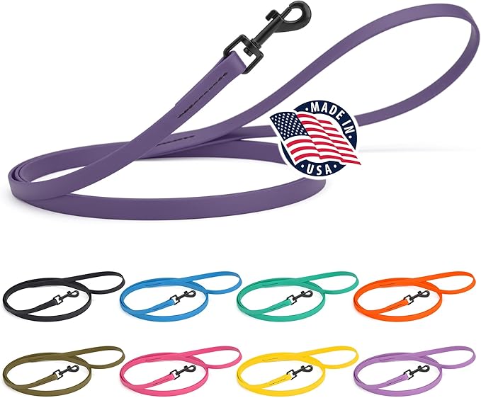 Dogline Biothane Waterproof Dog Leash Strong Coated Nylon Webbing with Black Hardware Odor-Proof Easy to Clean High Performance for Small or Large Dogs Made in USA 4 or 6 ft Lead, Violet Purple