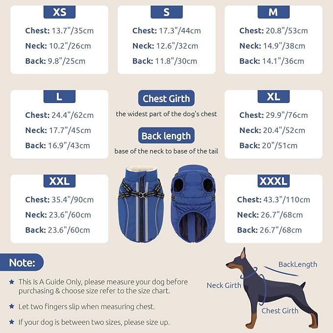 Dog Winter Coat with Harness Built in Warm Puffer Dog Jackets for Small Medium Large Dogs Windproof Waterproof Outfit with Plush Lining and Reflective Stripes (Blue, S)