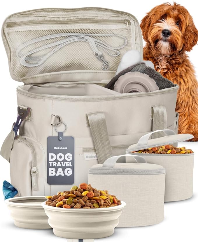 The Original Doggy Bag™ - Complete Dog Travel Bowl Bag for Supplies with 2 BPA-Free Travel Dog Bowls & 2 Food Containers - Traveling Kit for Road Trips, Camping, Weekend Away or Doggy Gift - Beige
