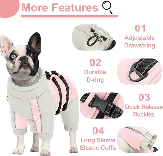 KOESON Four Legged Winter Coat, Warm Small Dog Jacket with Adjustable Buckles, Turtleneck Windproof Fleece Jackets, Reflective Fullbody Snowsuit Puffer Pink Grey S