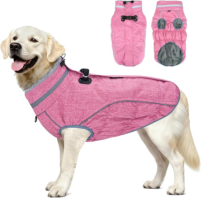 Malier Dog Coat, Reflective Dog Jacket Waterproof Windproof Puppy Cold Weather Coats with Harness Built in, Winter Extra Warm Pet Coat Fleece Vest for Small Large Pets and Puppy (Pink, Small)