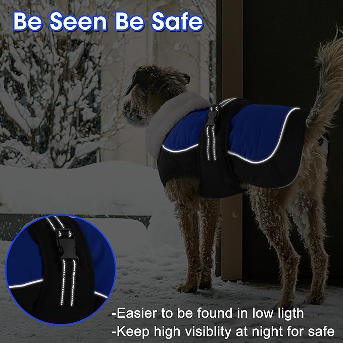 Dogcheer Waterproof Dog Coat, Christmas Dog Winter Jacket, Adjustable Puppy Fleece Coat for Cold Weather, Reflective Turtleneck Snow Jacket for Small Medium Large Dogs - Blue, XL