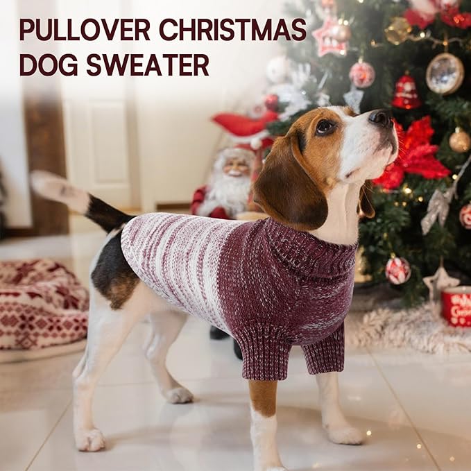 Queenmore Knitted Pullover Dog Sweater, Turtleneck Pet Cat Sweater, Cold Weather Puppy Clothes Stitching Knitwear with Leash Hole for Small Medium Dogs(Purple,M)