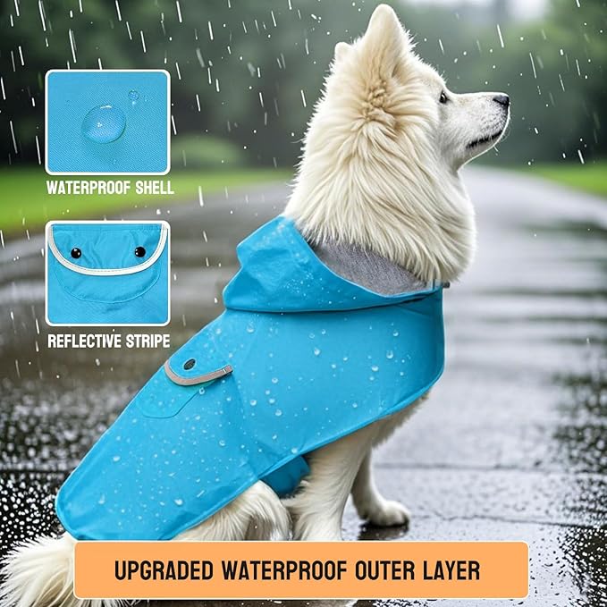 Small Dog Raincoat Dogs Rain Jacket for Puppy Reflective Poncho Rainwear Waterproof Pet Clothes Warm Lined Pocket Hooded Leash Hole Adjustable Puppy,Blue,XS,Back Length 6.3 Inch