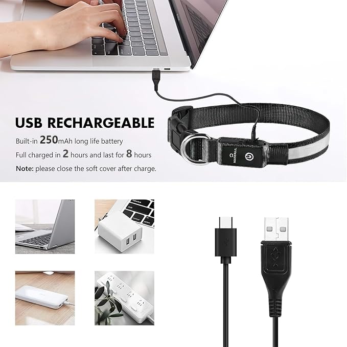 MASBRILL Light Up Dog Collars - LED Dog Collar Rechargeable Lighted Dog Collars Resistant-Water Night Walking Glow in The Dark Collars
