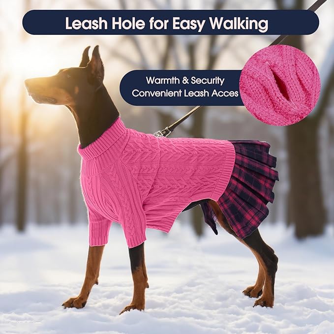 IECOii Girl Dog Sweater Dress - Cable Knit Dog Sweater for Small Dogs Girl - Pink, Medium, Turtleneck Pullover Sweaters with Tartan Plaid Skirt, Adorable Warm Dog Knitted Dress for Christmas
