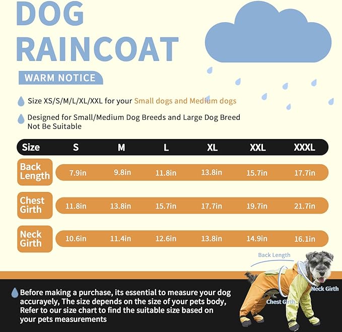 Dog Raincoat with Transparent Hood, Waterproof Jacket for Small Dogs with Snap-Button Chest, Leash Hole & Hook-and-Loop Cuffs Sleeves, Back Pocket for Treats (Blue, Medium)