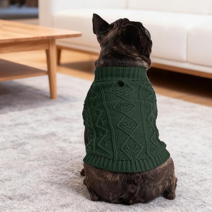 PUPTECK Dog Sweater, Turtleneck Warm Knitted Pullover Coat, Thick Cable Knitwear Clothes in Winter, Pet Apparel Outfits for Small Medium Dogs, for Cold Weather Indoor & Outdoor, Deep Green M