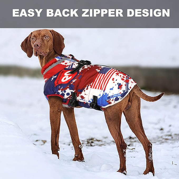 Large Dog Coat with Harness Built-in, Waterproof Reflective Fleece Lined - Warm Windproof Winter Jacket with Back Zipper, Cold Weather Snow Dog Coats - American Flag - XL