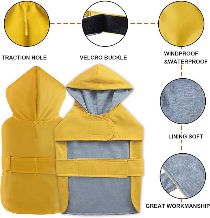 Dog Raincoat Small Dog Rain Jacket Poncho Waterproof Pet Rain Suit for Puppy Small Dogs Cats Double Layer Breathable Lining Hooded Leash Hole Adjustable,Yellow,XS