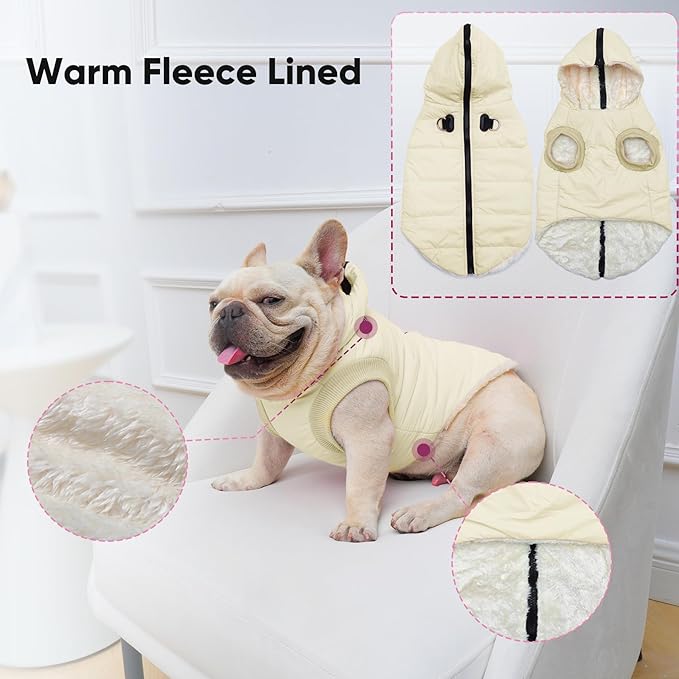 Fleece Lining Dog Hoodie with Harness Built in,Extra Warm Small Dog Jacket in Winter Puppy Coats with Hooded,Light Yellow XS