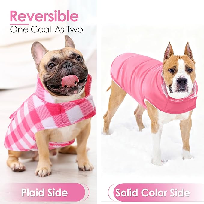 AOFITEE Dog Coat Plaid Dog Winter Coat for Small Dogs, Warm Dogs Jacket Christmas Sweater, Waterproof Pet Puffer Jacket, Reversible Pet Cold Weather Coats for Small Medium Large Pets, Pink M