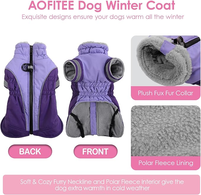 AOFITEE Dog Coat- Two Legged Extra Large Dog Winter Jacket - Zipper Dogs Cold Weather Coat with Harness, Warm Pet Puffer Jackets Reflective Pet Snow Coats for Golden Retriever, Weimaraner, Purple 2XL