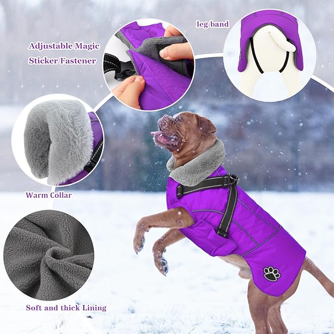 Doglay Dog Jacket Waterproof Dog Coat with Harness Built in, Christmas Puppy Winter Coat Reflective Turtleneck Puffer Snow Jackets for Small Medium Large Dogs