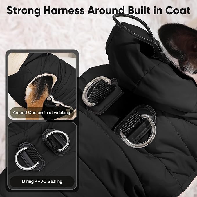 Fleece Lining Dog Hoodie with Harness Built in,Extra Warm Large Dog Jacket in Winter Doggie Coats with Drawstring Hooded,Black XXXL