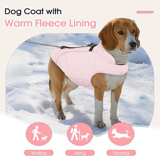 Dog Coat with Harness Built in -Pink,Large- Fleece Lined Dog Snow Jacket Snowsuit，Adjustable Reflective Winter Warm Cold Weather Coat