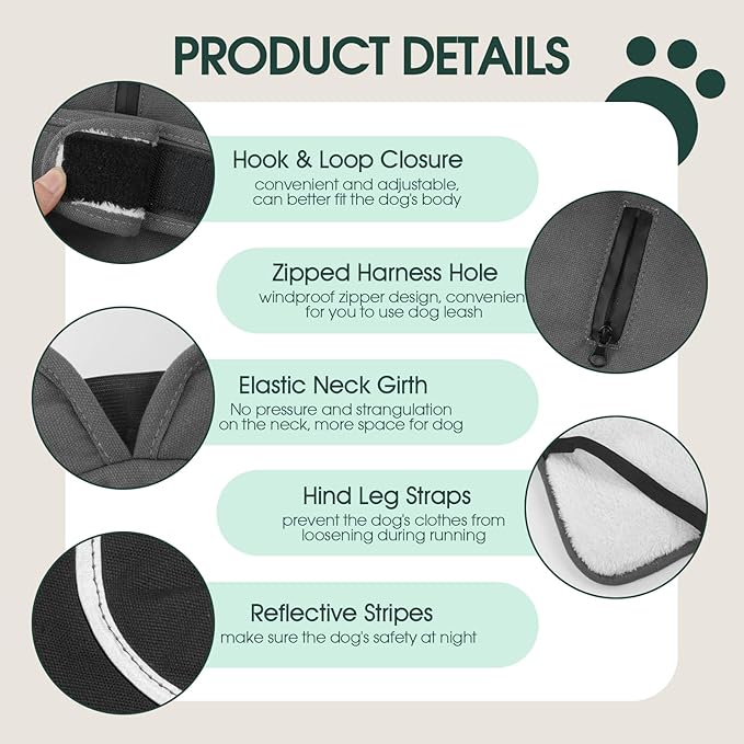 Kuoser Canvas Dog Coat, Warm Dog Jacket Reflective Fleece Pet Cold Weather Coat, Warm Doggie Clothes Waterproof Winter Vest with Zipper Leash Hole for Small Medium Large Dogs, Grey XS