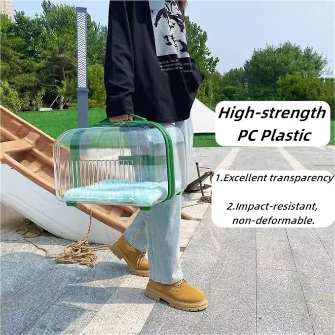 Rolling Pet Trolley Case, Portable Hard Shell Pet Carrier, Clear Plastic Cat Travel Box, Suitable for Cats and Dogs(Green,9.8 * 11.0 * 15.4in)