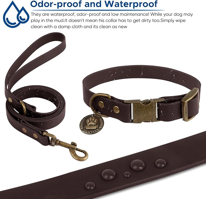 Wisedog Dog Collar and Leash Set, Waterproof Adjustable Puppy Collars with Cute Tag 6FT Dog Leash with Poop Bag for Small Medium Large Dogs (L(Collar:14"-22";Leash:5 ft), Brown)