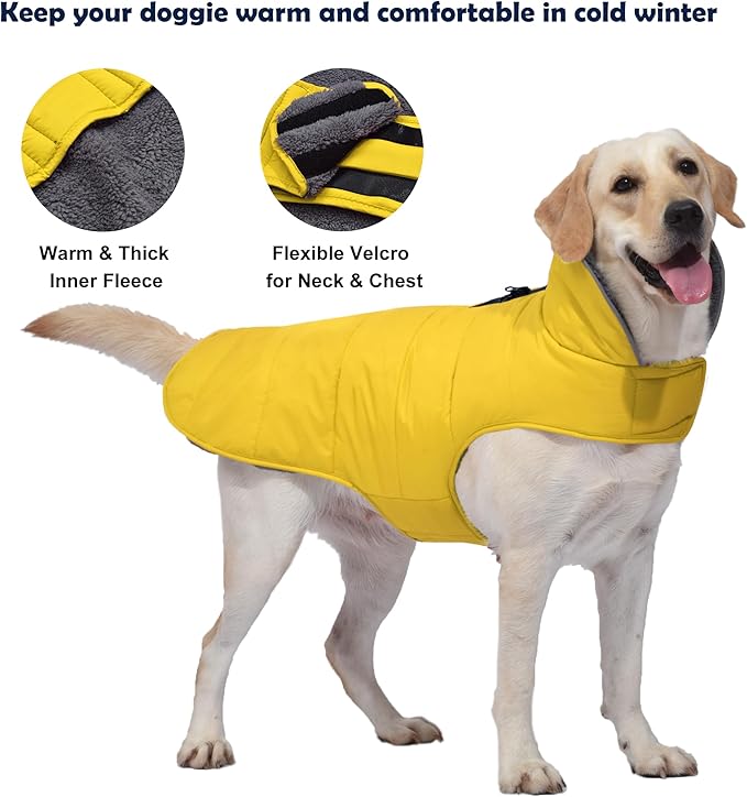 Dog Winter Coat, Waterproof Dog Jacket with Leash Hole, Reflective Adjustable Pet Snow Vest, Warm Fleece Sweater for Small Medium Large Dogs - Yellow, 3XL