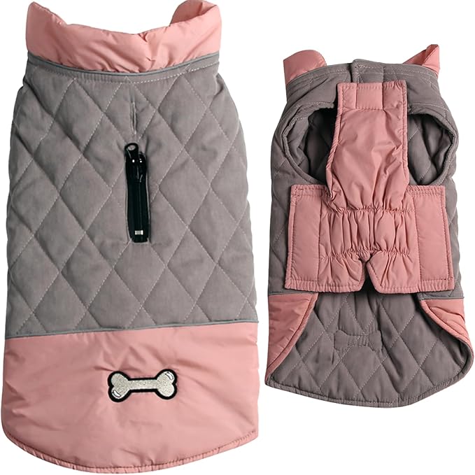 Reversible Dog Coats for Extra Large Dogs Waterproof Warm Puppy Jacket for Cold Winter,Pink and Grey XXXL