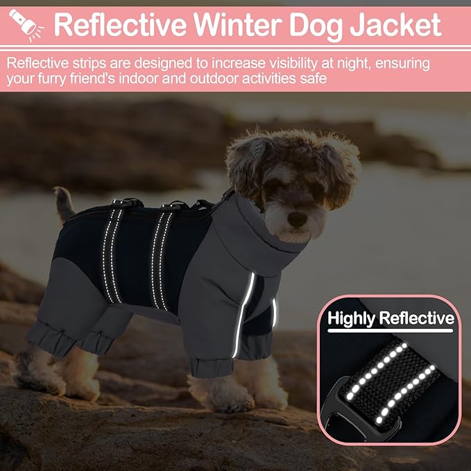 KOESON Four Legged Winter Dog Jacket with Adjustable Buckles, Turtleneck Windproof Fleece Jacket, Reflective Fullbody Puffer Coat Blue Grey L