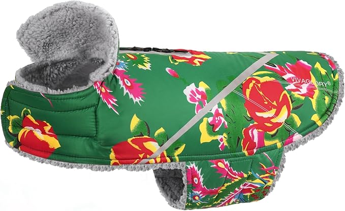 VIVAGLORY Snowrap Dog Coat, Jacket with Harness Hole & Velcro Closure, Dog Coat for Winter & Cold Weather, Fluffy Warm Fleece Lined Reflective Water Resistant for Puppy, XXS, Northeast Florals-Green