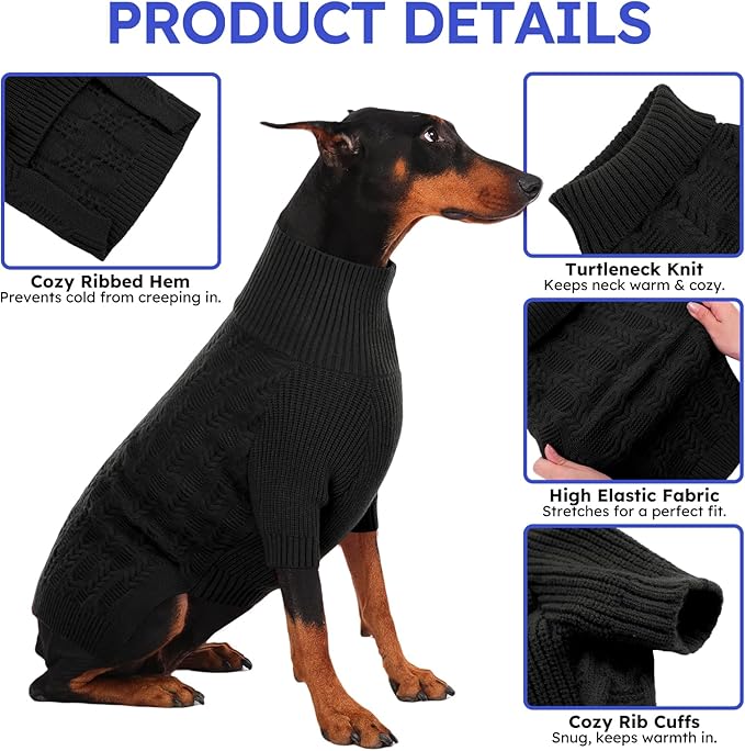 ASENKU XXL Dog Sweaters for Large Dogs Girls Boys, Doberman Sweater for Female Male, Winter Turtleneck Long Sleeve Pet Christmas Sweater for Pitbull Golden Labrador (Grey, 2XL)