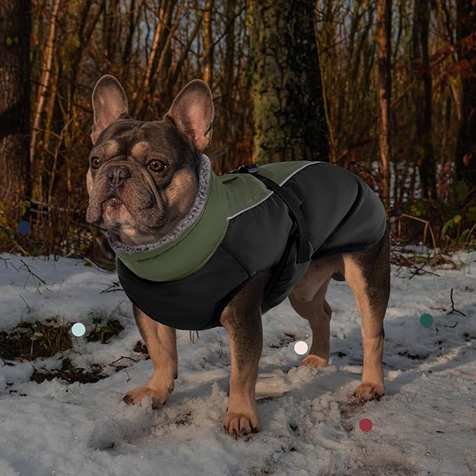 IECOii Extra Warm Dog Coat Reflective Adjustable Jacket Winter with Buckle Fleece Turtleneck for Cold Weather Soft Small Medium Dogs, Army Green, XXX-Large