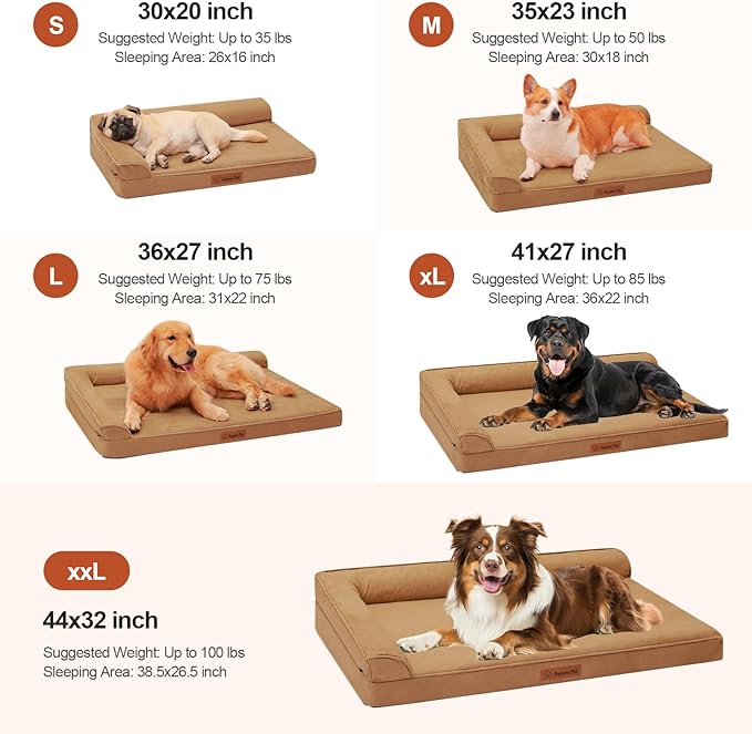 Orthopedic Dog Beds Large Sized Dog, Memory Foam Pet Bed for Medium and Large Dogs, Removable and Washable Microsuede Cover, TPU Waterproof Liner, Nonskid Bottom, 44x32x6 Inches, Khaki
