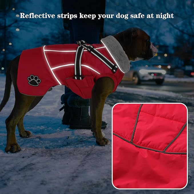 Doglay Dog Jacket Waterproof Dog Coat with Harness Built in, Christmas Puppy Winter Coat Reflective Turtleneck Puffer Snow Jackets for Small Medium Large Dogs