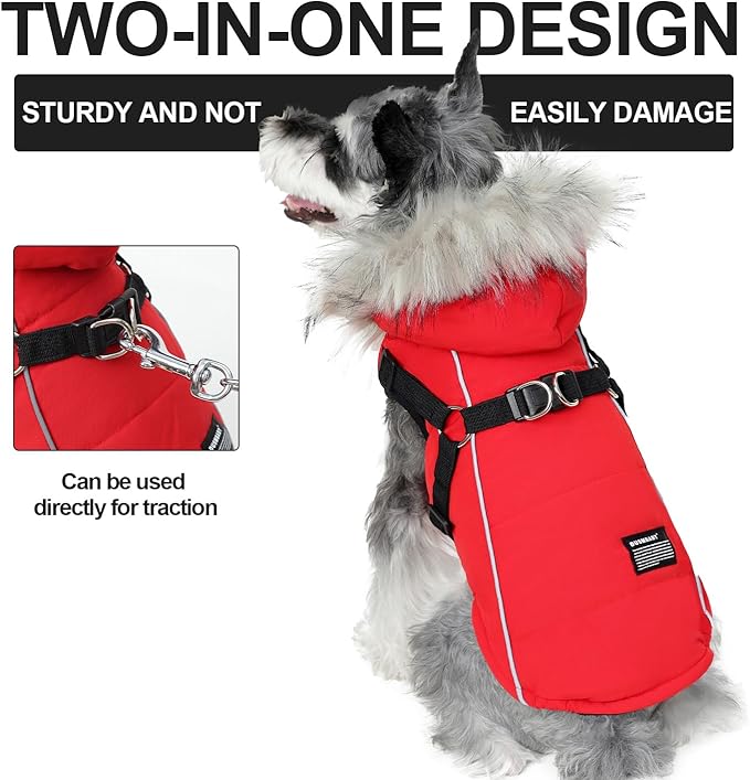 PINA Dog Winter Coat Winter Jacket with Waterproof Fabric, Faux Fur Hood, Reflective Strap for Small Medium Large Dogs, Red, 3XL