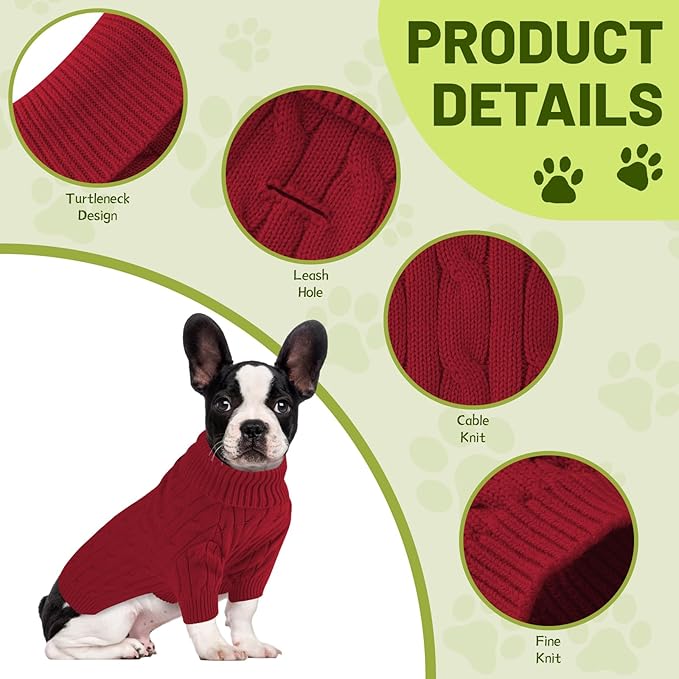 Small Dog Thermal Pullover Sweater, Classic Turtleneck Cable Knitwear Dog Clothes for Cold Weather Warm Pet Clothes for Chihuahua, Bulldog, Dachshund, Pug Red Small