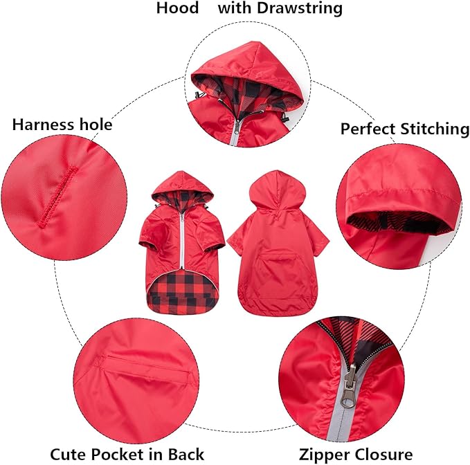 Dog Raincoat Dogs Waterproof Reversible rain Jacket Dog Small Medium Breeds Reflective Zipper Storage Pocket Harness Hole - Red - XXL