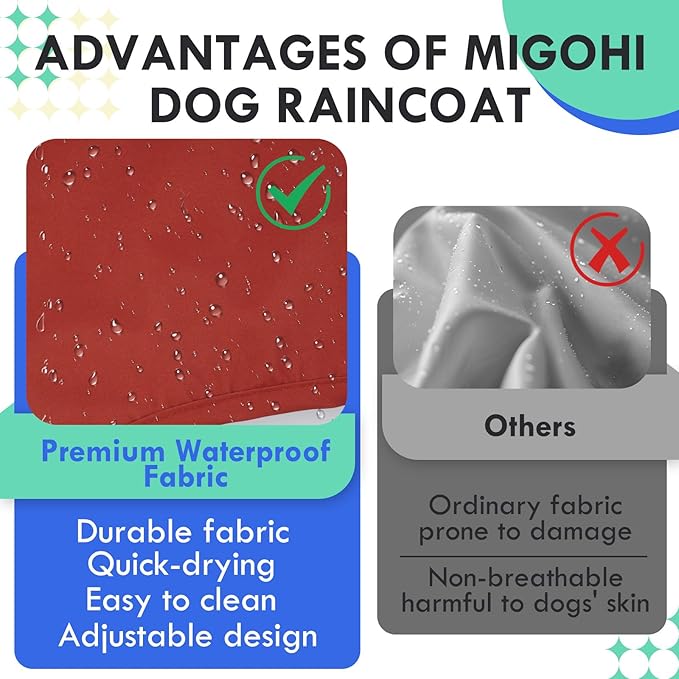 MIGOHI Dog Raincoat, Adjustable Large Dog Raincoat | Easy-On Hook & Loop Belly Straps, Adjustable Hind Leg Straps Dogs Rain Jacket, Machine Washable, Red, L