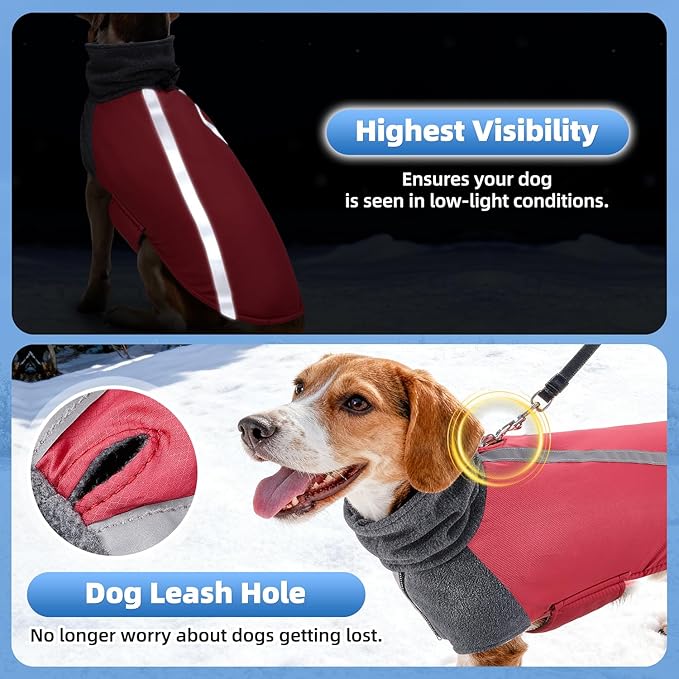 SlowTon Winter Dog Coat, Warm Polar Fleece Lining Doggie Outdoor Jacket with Turtleneck Scarf Reflective Stripe Adjustable Waterproof Windproof Puppy Vest Soft Pet Outfits (L+,Red)
