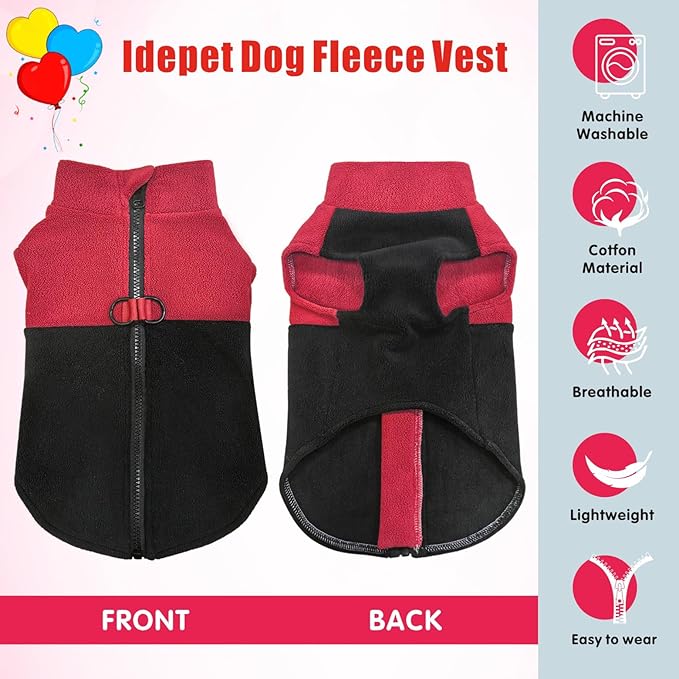 Idepet Dog Fleece Vest Sweater Zip Up Warm Pullover Dogs Jacket with D-Ring Leash Winter Cold Weater Coat Pet Sweatershirt Clothes Hoodie for Small Medium Dogs Boy Girl (Red/Black, S)