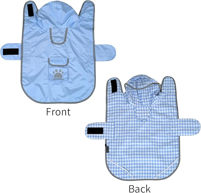 MAMORE Dog Raincoat Reversible,Waterproof Dog Rain Coat Hooded Slicker Poncho with Reflective Strip, Plaid Double Layer Rain Jacket for Small Medium Large Dogs (Light Blue, X-Small)