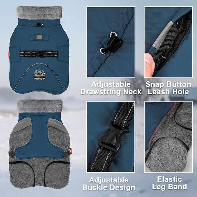 KYEESE Waterproof Dog Coat, Windproof Warm Winter Jacket with Thick Fleece Lined, Cozy Turtleneck Dog Coats for Large Dogs with Leash Hole, Reflective Outdoor Cold Weather Coat, Navy Blue, XXX-Large